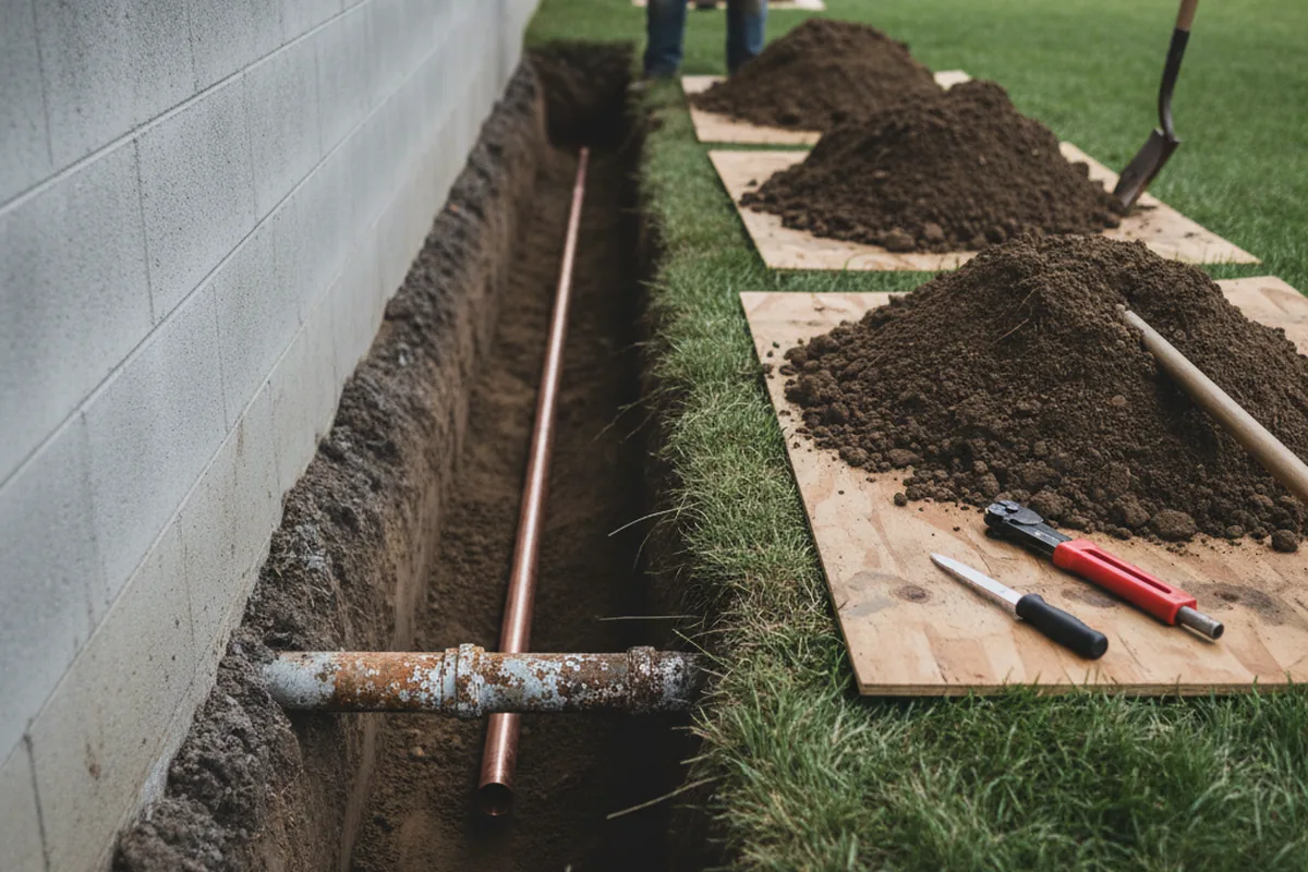 Excavated water line trench during Sewer Line Repair in Saddle River